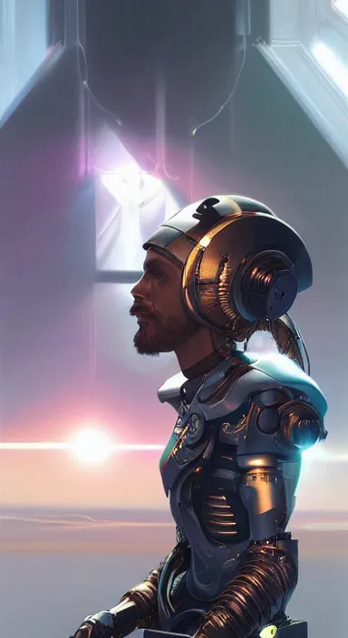 Image similar to full length portrait of a catholic cyborg saint djing with headphones on and a halo, high detail, hyper - realism, 4 k, by greg rutkowski and asher brown durand, trending on artstation