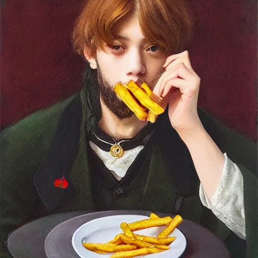 Prompt: taehyung eating gucci fries, 6 0 0 0 dollar fries fried by gucci, pre - raphaelite painting, highly detailed