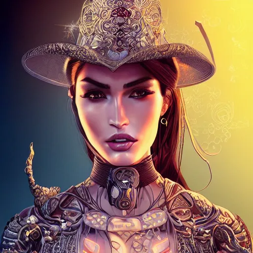 Image similar to the portrait of an elegant, sophisticated, fashionable ottomanpunk robotess idol, an ultrafine illustration of young half asian megan fox mix by kim jisu, intricate linework, neon wiring, fashion, porcelain skin, unreal engine 5 highly rendered, global illumination, radiant light, detailed and intricate environment, by rutkowski, artgerm, marvel comics