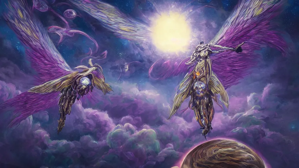 Prompt: Surrealist painting of a winged monster flying over the ocean, with a starry sky full of glowing planets behind it, purple color scheme, fantasy artwork, award winning, hyper detailed, very very very very very very very very very very very very very very very very very beautiful, studio lighting, artstation