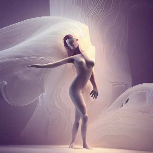 Prompt: 3 d pyro liquid simulation render, octane render, xparticles, white colors, female bodies, female body covered in white blanket, white carved abstract sculpture, amethyst mineral quartz, swirly curls, abstract white fluid, golden edges and fractals, cold colors, artstation, render, cinema 4 d, art noveau fresco