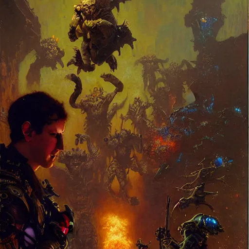 Image similar to portrait of a mark zuckerberg fighting goblins. shadowrun furaffiniy cyberpunk fantasy highly detailed painting by gaston bussiere craig mullins jc leyendecker gustav klimt artgerm greg rutkowski john berkey, bergey, craig mullins, ruan jia, raymond swanland, jeremy mann, tom lovell, alex malveda