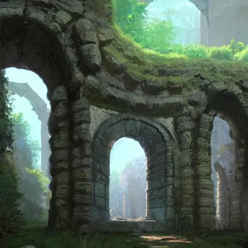 Image similar to concept art painting of an ancient ornate stone archway, with a magical portal inside to another dimension, in the woods, realistic, detailed, cel shaded, in the style of makoto shinkai and greg rutkowski and james gurney