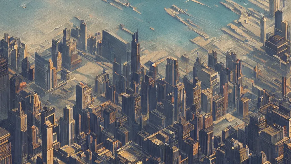 Image similar to isometric view of chicago, il, beautiful painting by greg rutkowski, trending on artstation