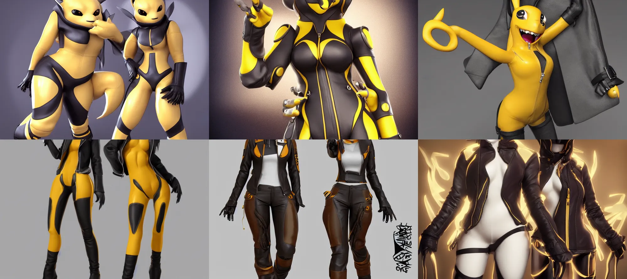 Prompt: anthropomorphic renamon woman wearing leather jacket with hands on hips detailed 3d rendered art, highly detailed, synthetic fur, artstation artgerm arvalis