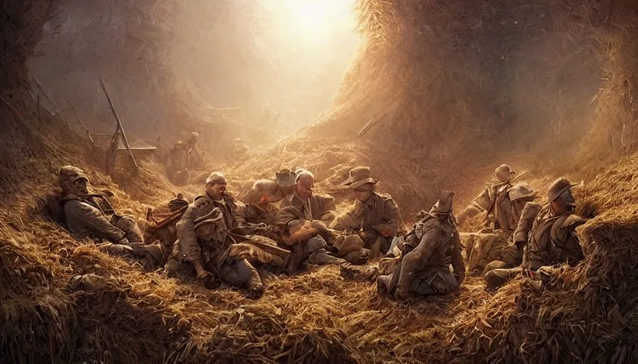 Prompt: beautiful digital painting of a group of barley surviving soldiers in a trench waiting for the war to end. cinematic lighting and rendering, atmospheric, concept art by artgerm and greg rutkowski,,