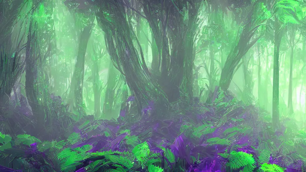 Image similar to portrait of an ethereal evergreen forest made of green and purple light, divine, cyberspace, mysterious, dark high-contrast concept art