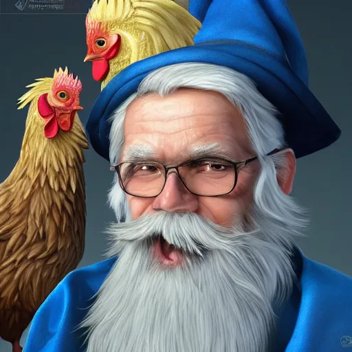 Image similar to a kind old wizard with a long white beard looking a confused, holding a pet chicken perched top of his hat, wearing a blue robe, realistic, detailed, trending on ArtStation, by Tony Sart