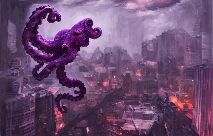 Image similar to aerial!!!! view looking down on a giant purple octopus monster moving through!!! buildings in a dark, dim, detailed city, extremely detailed!!! oil painting, dull palette, dramatic lighting, trending on artstation