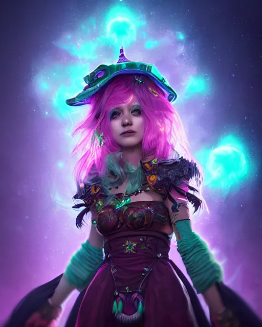 Image similar to ultradetailed rpg character portrait of a cute nebulapunk witch, digital art,, intricate, sharp focus, trending on artstation hq, deviantart, volumetric lighting, unreal engine, octane render