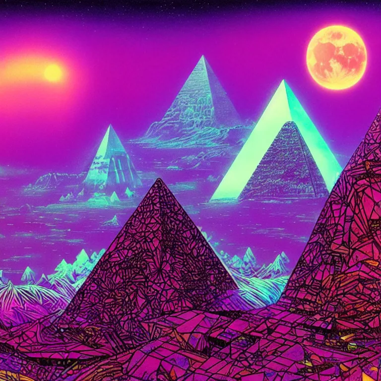 Image similar to mysterious ufo hovers over mythical crystal pyramid, fractal waves, pink ringed moon, bright neon colors, highly detailed, cinematic, eyvind earle, tim white, philippe druillet, roger dean, ernst haeckel, lisa frank, aubrey beardsley