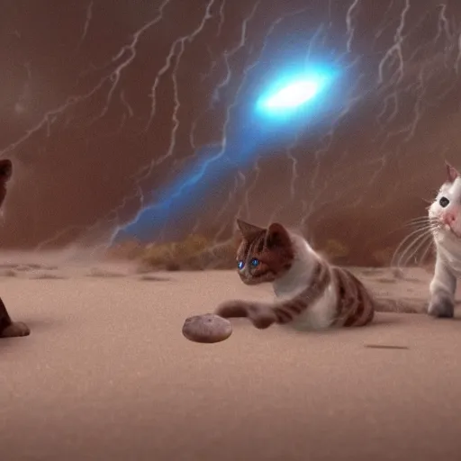 Image similar to film still of jedi cats fighting in a texas thunderstorm, 4 k