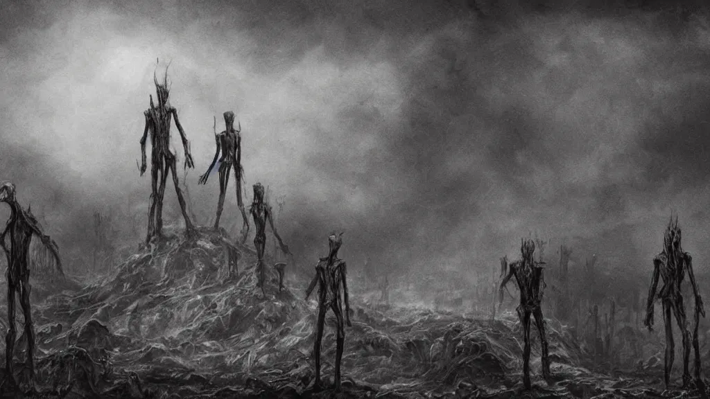 Image similar to dark detailed landscape, chilling overwhelming blood oil painting, brutal fantasy hell of unknown creatures, dreadful and creepy lifeless skinny slendermen