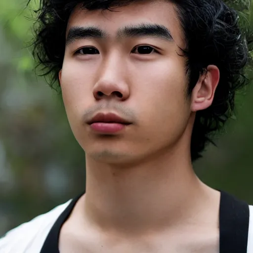 Prompt: a young asian man with a square face, short thick curly black hair and swarthy skin, close up portrait