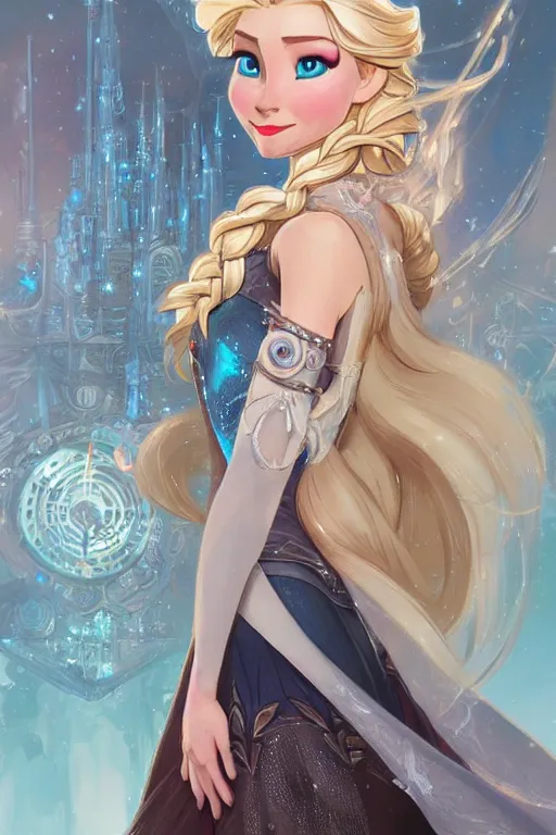 Image similar to elsa from frozen as steampunk cyborg princess, blonde hair, high fantasy, dnd, smooth, sharp focus, illustration, highly detailed, digital painting, artstation, concept art, by disney animation, rossdraws, alphonse mucha, frank fanzzeta, collectible card art