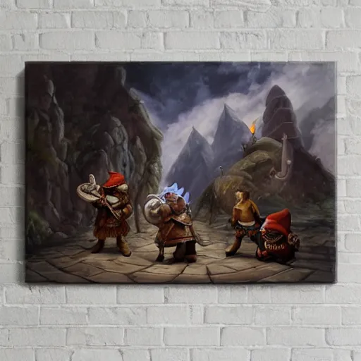 Prompt: nameless man, edgy dragonborn, a fat gnome, a woman wizard soldier and a small dwarf with a guitar holding a baguette. adventuring together. fantasy oil painting,