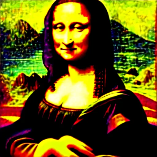 Prompt: mona lisa portrait on drugs, dmt