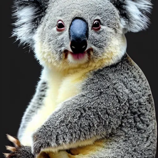 Prompt: a koala with fur colored like a panda