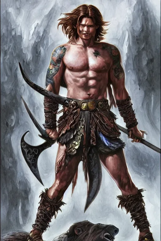 Image similar to portrait of attractive sam winchester as a rogue scotish warrior from the xii century, muscular body tattooed, d & d!, fantasy style, sharp focus!, ultra detailed, art by artgerm and peter andrew jones, wlop