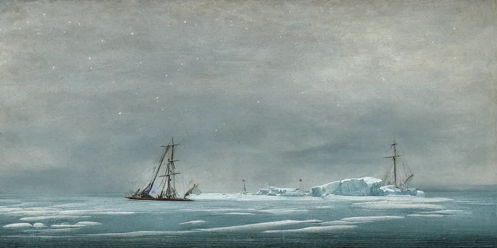 Prompt: “ a single 1 8 0 0 s sail ship is stuck in solid white sea ice, completely frozen sea, no water visible, the uneven and irregular frozen sea is jagged and maze - like, towering ice ridges and seracs, nighttime, stars visible, romanticist oil painting ”