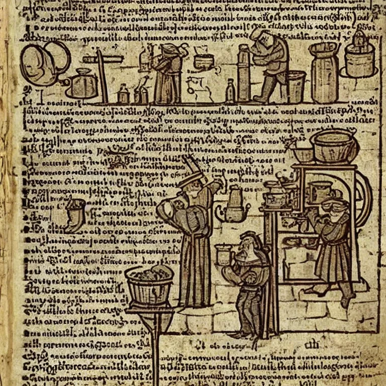 Image similar to middle age illustrated recipe for beer making ( ( ( ( a beer shoppe ) ) ) ) lot of medieval enluminures in the background explaining the recipe, schematic in a notebook