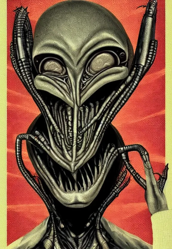 Image similar to one famous person, simple, simplicity, subgenius, x - day, aliens, weird stuff, occult stuff, knives, giger ’ s alien, illuminati, muted colors, hyperrealism