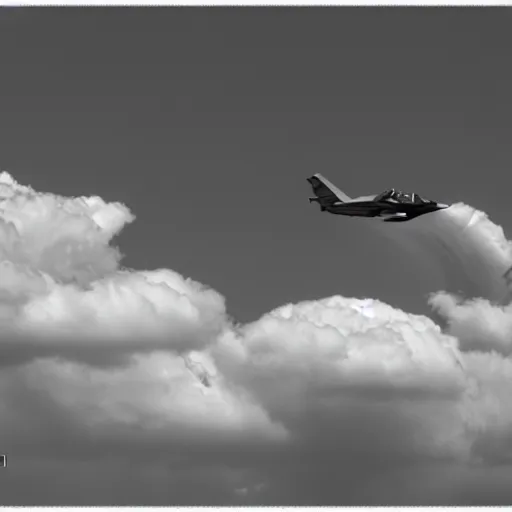 Prompt: fighter jet from the 5 0 s beautiful clouds in the background, grainy footage, black and white - n 9