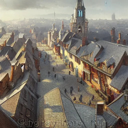 Prompt: an ultra detailed matte painting of the quaint town of galic, grid shaped city cobblestone streets, fantasy city, light snowfall, wind, inspiring gothic architecture, ultrawide lense, aerial photography, unreal engine, exquisite detail, 8 k, art by greg rutkowski and alphonse mucha