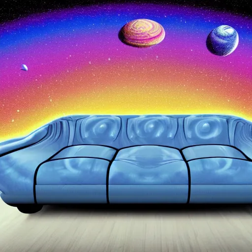 Image similar to psychedelic trippy couch in space, planets, milky way, sofa, cartoon