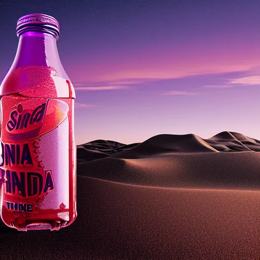 Prompt: sinbad stuck in a fanta bottle abandoned in desert with purple sky