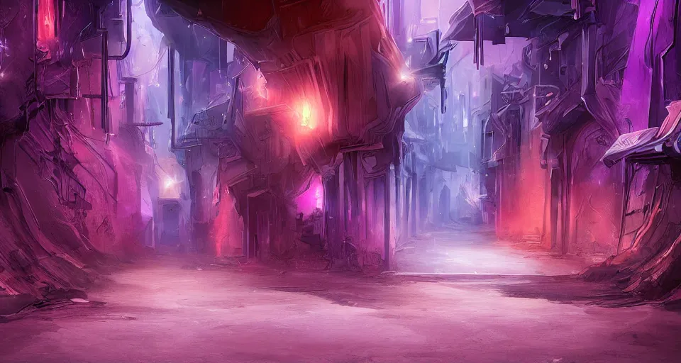 Image similar to Sci-fi wallpaper of an alley in a desert city, close-up view, purple color-theme, cinematic, science-fiction art wallpaper, stunning digital art