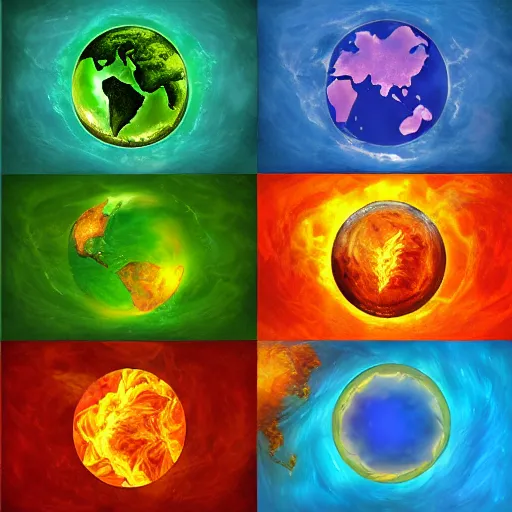 Prompt: the elements of fire, water, earth and air. digital art