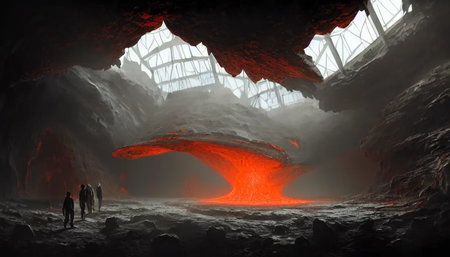 Prompt: high tech nomands exploring abandoned laboratory in volcanic cave, research station, hot lava, scifi, dark scifi, space horror, light, shadows, reflections, steam, epic composition, intricate, elegant, volumetric lighting, digital painting, highly detailed, artstation, sharp focus, illustration, concept art, ruan jia, steve mccurry