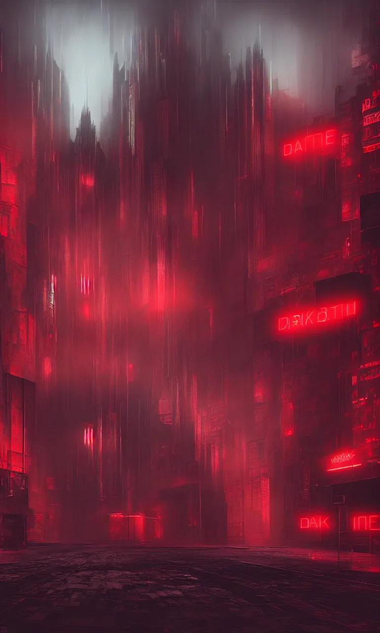 Image similar to Matte painting of dark brutalist cyberpunk cathedral with red neon signs, abandoned streets, cityscape, dark sky, hyper realism, fog, 8k, trending on artstation