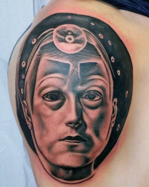 Prompt: renaissance head with planets tattoo design, hyper - realistic, in the style of tony santos