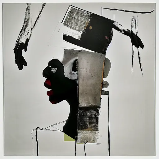 Image similar to The performance art is an abstract portrait of a woman. The woman's face is divided into two halves, one half is black and the other is white. The woman's eyes are large and staring. The performance art is full of energy and movement. electric, Still Life by Robert Rauschenberg mild