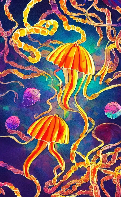 Prompt: jelly fish, autumn light, colorful, smoke, beautiful, by studio ghibli, crayons, digital art, concept art, sharp focus, illustration