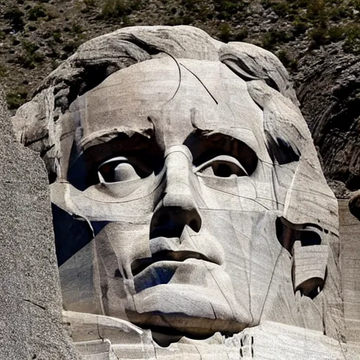 Image similar to donald trump's face carved into rock on mount rushmore. the photo clearly depicts the facial features of donald trump, at a slightly elevated level, depicting his particular hair style carved into the stone at the mountain top, centered, balances, regal, pensive, powerful, just