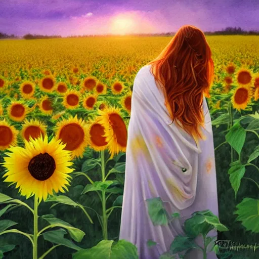 Image similar to Bedsheet Ghost in a field of sunflowers, sunset, Watercolor, photorealistic, high resolution, award winning, trending on artstation, art by artgerm