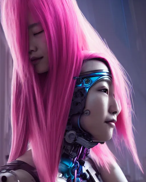 Image similar to portrait of a beautiful asian woman with pink hair as a cyberpunk cyborg half robot, sci - fi, missing panels, intricate abstract upper body intricate artwork, concept art, octane render, deviantart, cinematic, key art, hyperrealism, iridescent accents, portrait photograph, nikon 3 5 mm, photograph by greg rutkowski