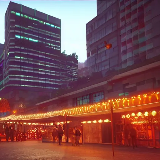 Image similar to Downtown Mexico, string lights, colorful lighting, night, unreal engine 5 tech demo, octane render, by Tooth Wu, by 'Frank Lloyd Wright