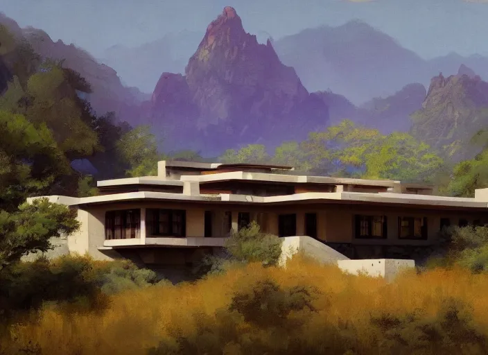 Image similar to painting of a frank lloyd wright house in front of beautiful mountains by greg rutkowski