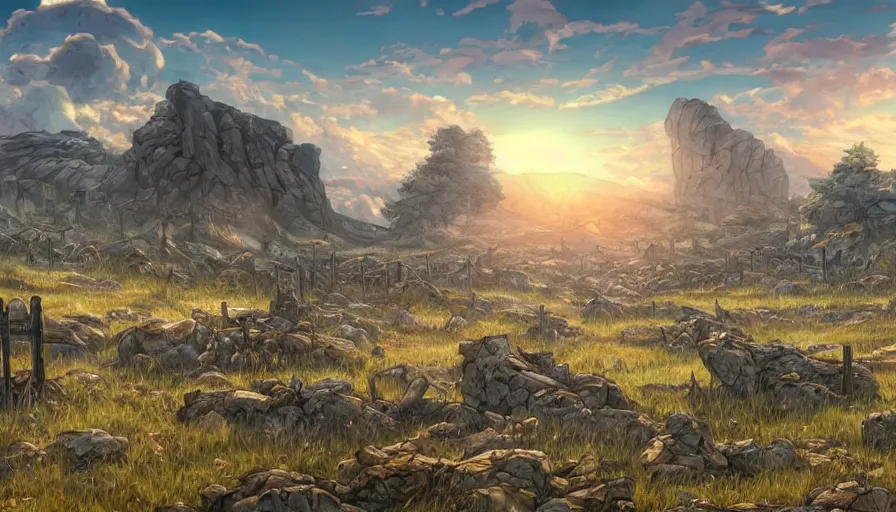 Prompt: the beautiful, chilling, panoramic view of a field covered with dead soldiers calvary and rocks at dusk. hyperrealistic anime background illustration by kim jung ki, borderlands, colorful, extremely detailed intricate linework, smooth, super sharp focus, bright colors, high contrast, matte, octopath traveler, unreal engine 5 highly rendered, global illumination, radiant light