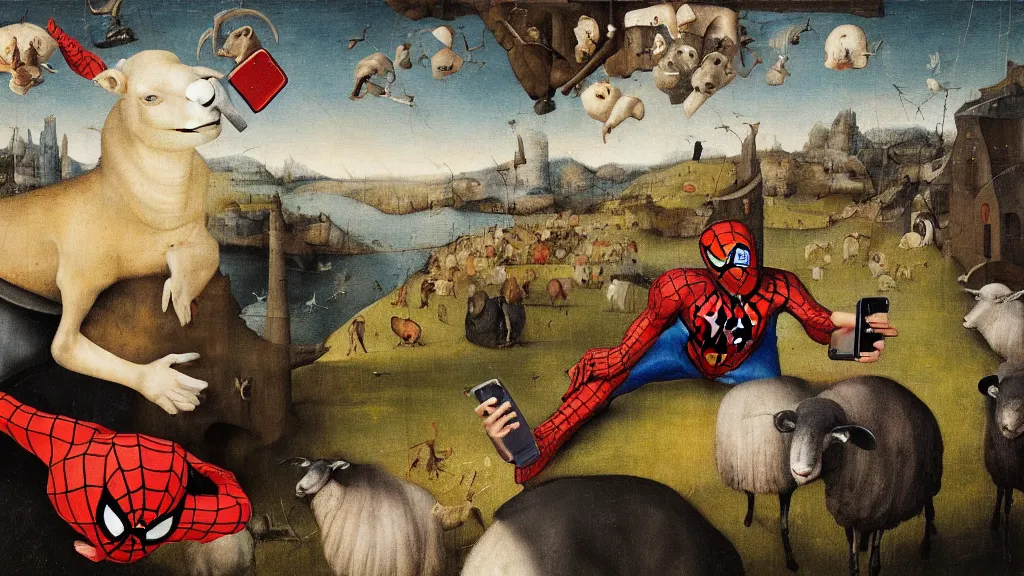 Image similar to A butcher and sheep wearing a spiderman costume taking a selfie smiling, in the fashion of Hieronymus Bosch, oil on canvas, painting, 4k, wide shot