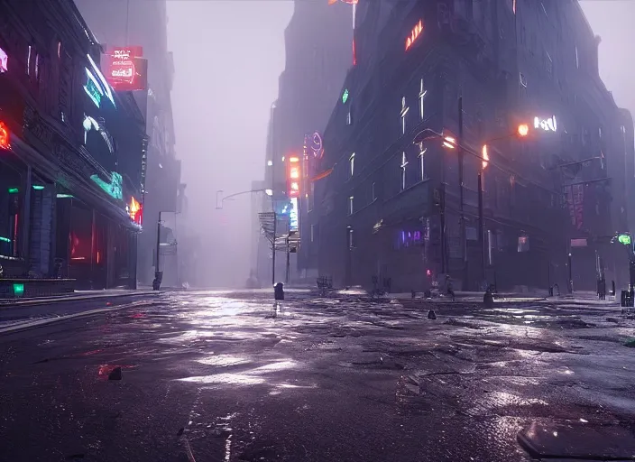 Image similar to dark, misy, foggy, flooded new york city street in Destiny 2, liminal creepy, dark, dystopian, highly detailed 4k in-game screenshot leak datamine from reddit