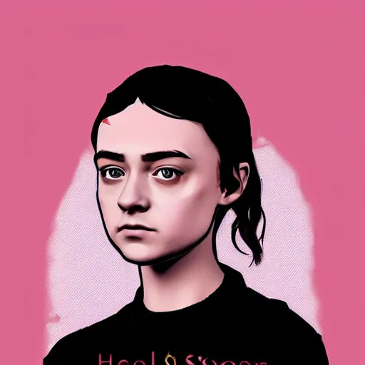 Prompt: Portrait of arya stark next to hello kitty in the style of Disco Elysium, digital drawing by Pavlo Guba, strong red hue