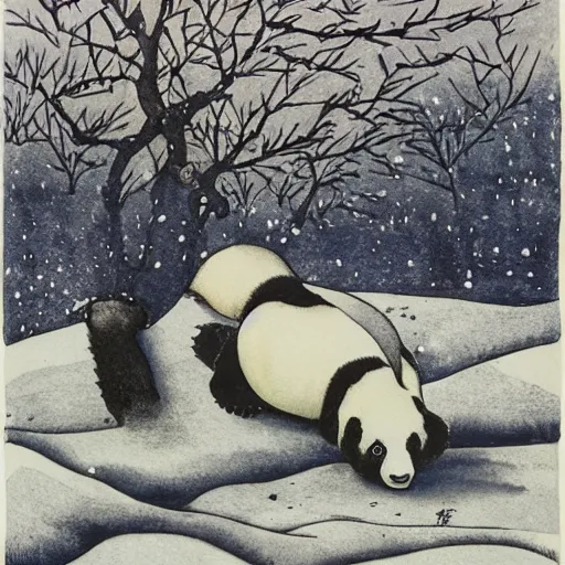 Prompt: girl riding a panda in a snowy field, watercolors, lithograph, ink, m.c. escher, moebius