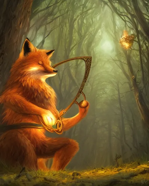 Image similar to Fox, Anthropomorphized, playing lyre in magical forest, portrait, magic the gathering artwork, D&D, fantasy, cinematic lighting, centered, symmetrical, highly detailed, digital painting, artstation, concept art, smooth, sharp focus, illustration, volumetric lighting, epic Composition, 8k, art by Akihiko Yoshida and Greg Rutkowski and Craig Mullins, heroic pose, oil painting, cgsociety