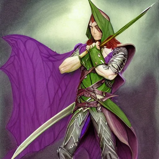 Image similar to male wood elf, pointy ears, long purple hair, holding a longbow, green leaf cloak, leather armor, metal gauntlets, green eyes. in the style of alan lee and john howe. fantasy. detailed.