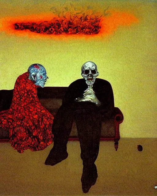 Prompt: an old dead couple sitting on an old couch in an old apartment watching a dog engulfed in flames,  Francisco Goya painting, part by Beksiński and EdvardMunch. art by Takato Yamamoto, Francis Bacon masterpiece